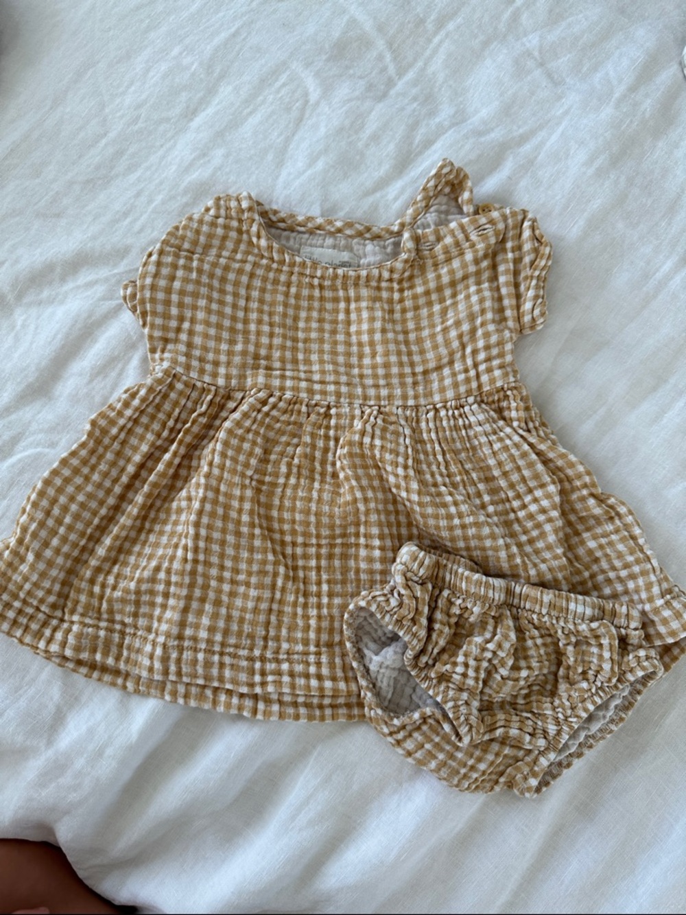 Newborn organic cotton Gingham Bubble Dress & Bloomers in Mustard